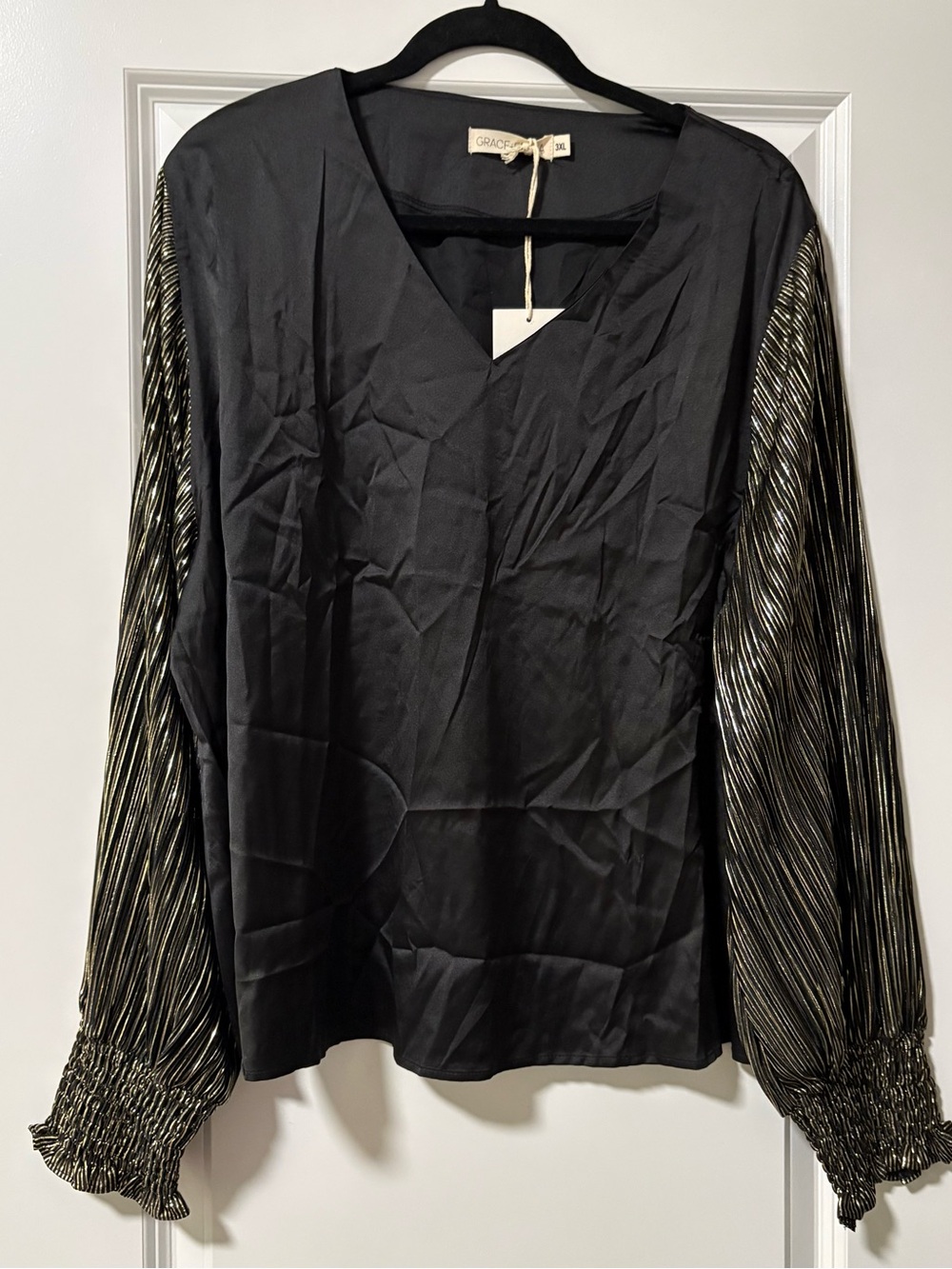 Grace & Emma  Black V-Neck Blouse with Metallic Gold-Striped Sleeves
